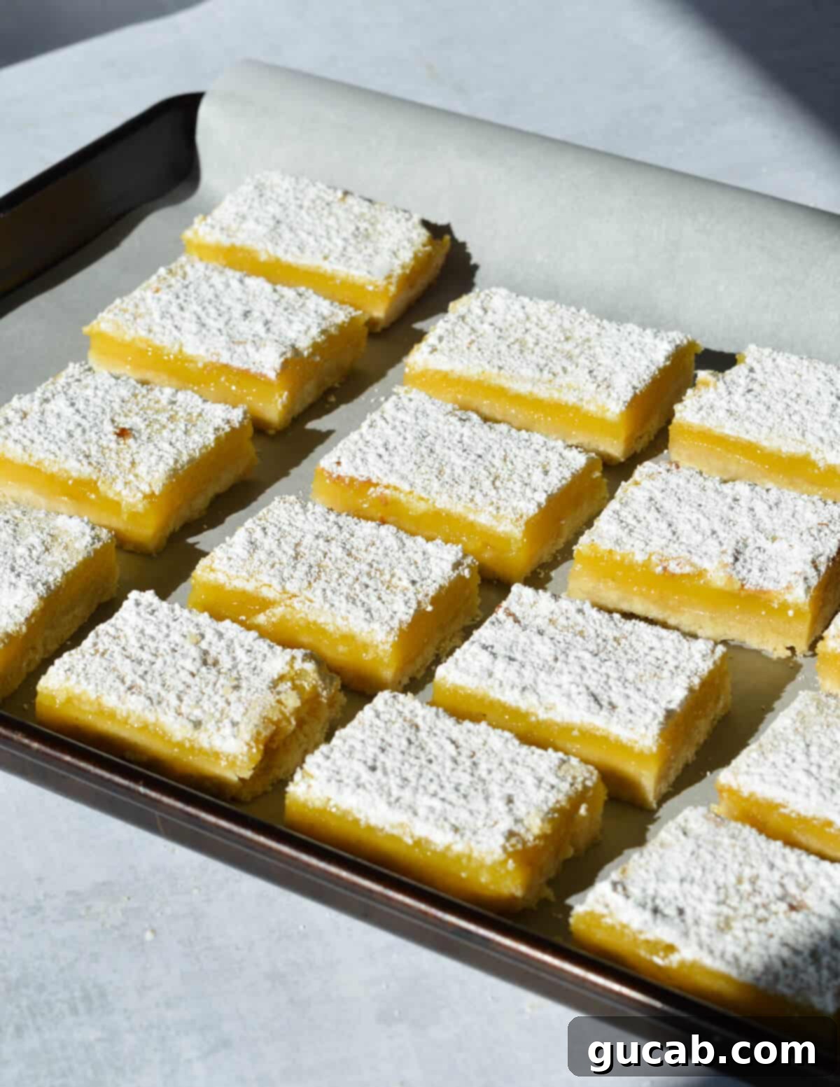 A sheet pan filled with perfectly cut gluten-free lemon bars, neatly arranged.