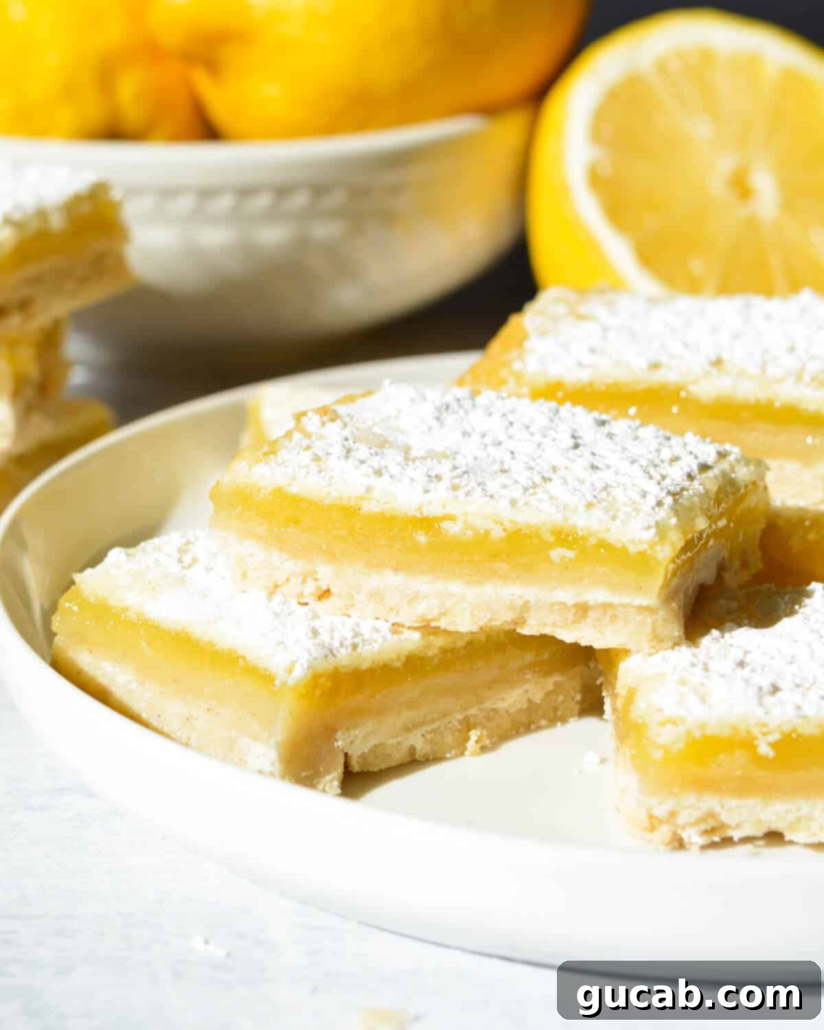 A beautifully arranged plate of freshly baked gluten-free lemon bars, dusted with powdered sugar and ready to be served.