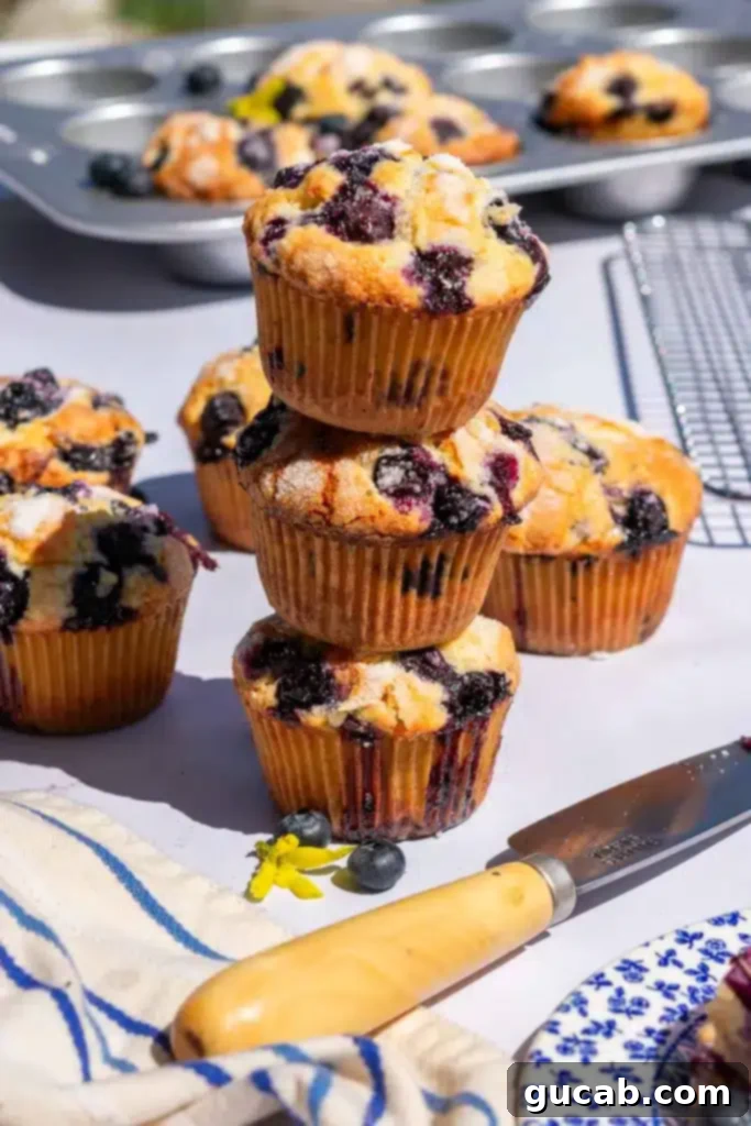 A delightful stack of fluffy sourdough blueberry yogurt muffins, showcasing their golden tops and visible blueberries.