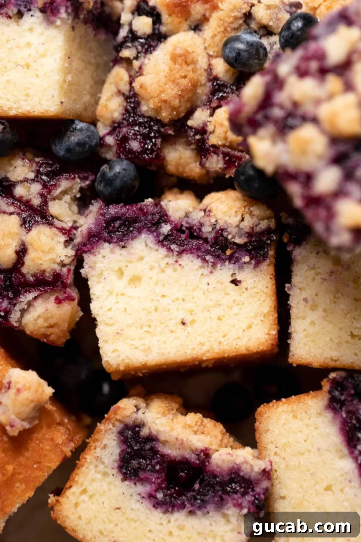 Slices of a blueberry crumble cake, showing the moist vanilla cake, blueberry jam swirl, and buttery crumble topping.
