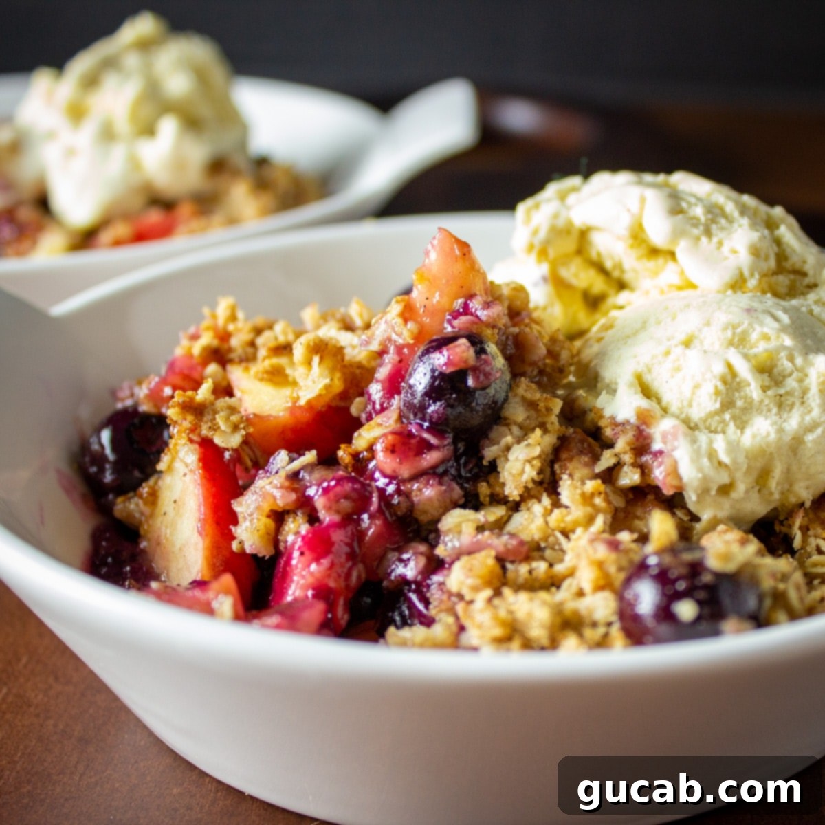 A comforting bowl of apple blueberry crisp topped with a scoop of melting ice cream.