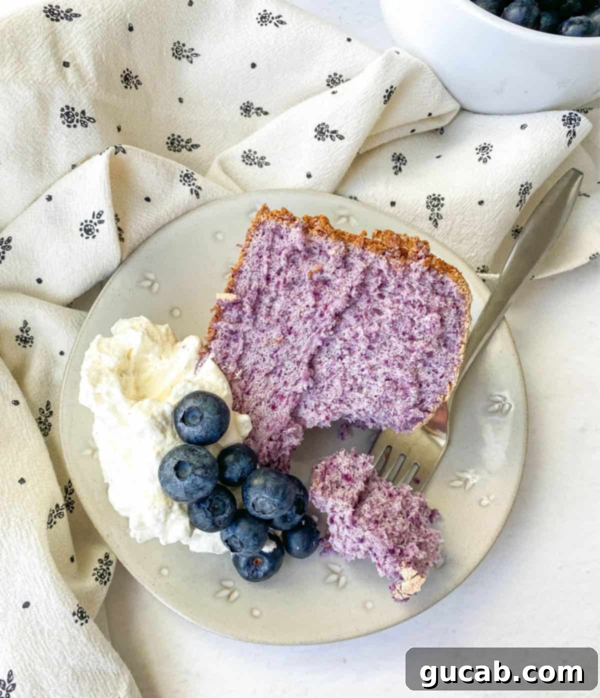 A beautiful slice of blueberry angel food cake on a white plate, revealing its light texture and purple tint.