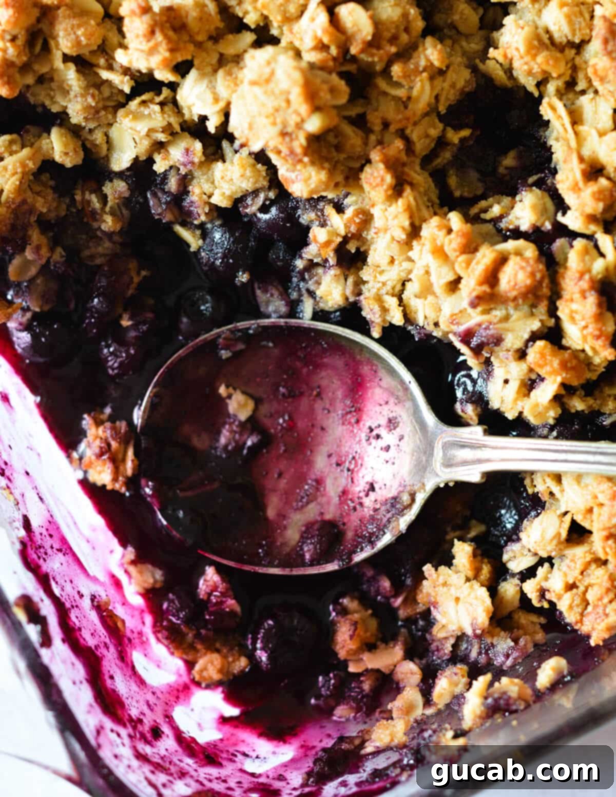 A close-up of a bubbling healthy blueberry crisp with a spoon scooping a portion, showing the oat topping and jammy fruit.