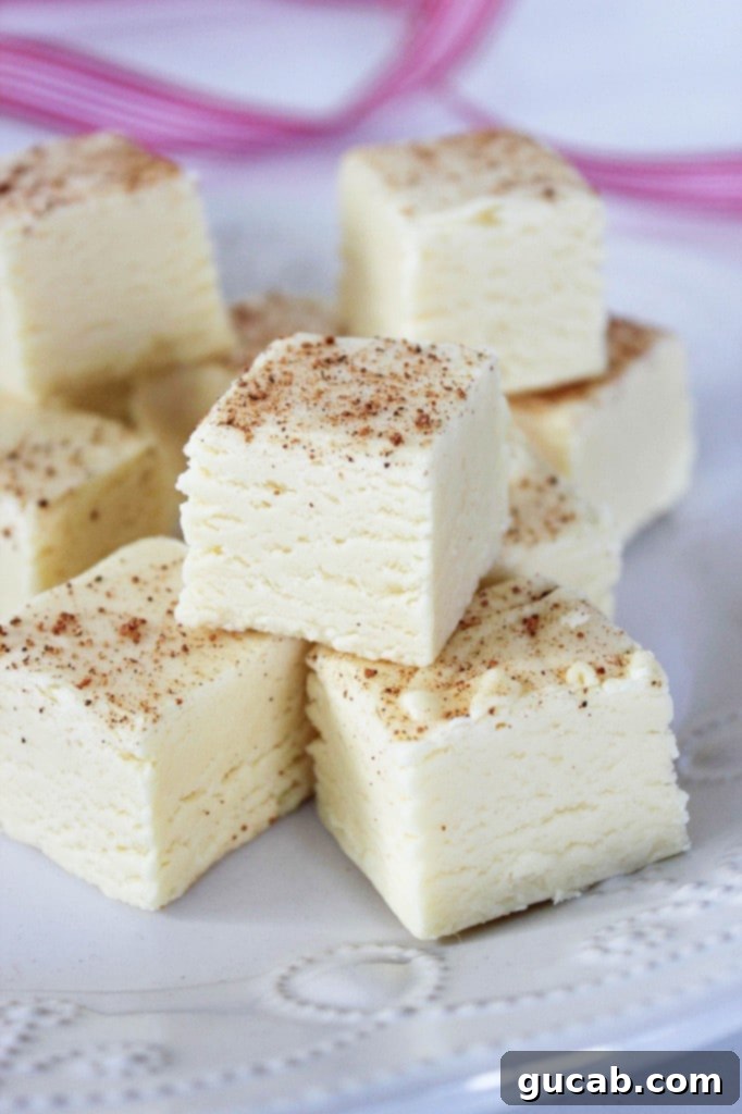 Small, perfectly cut pieces of creamy eggnog fudge, sprinkled with nutmeg, arranged enticingly on a white plate.