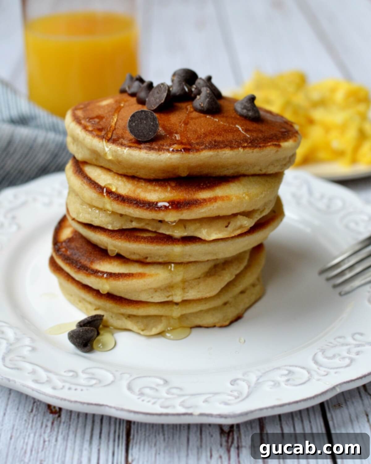 A stack of golden-brown cassava flour pancakes, perfectly fluffy and ready to be enjoyed.