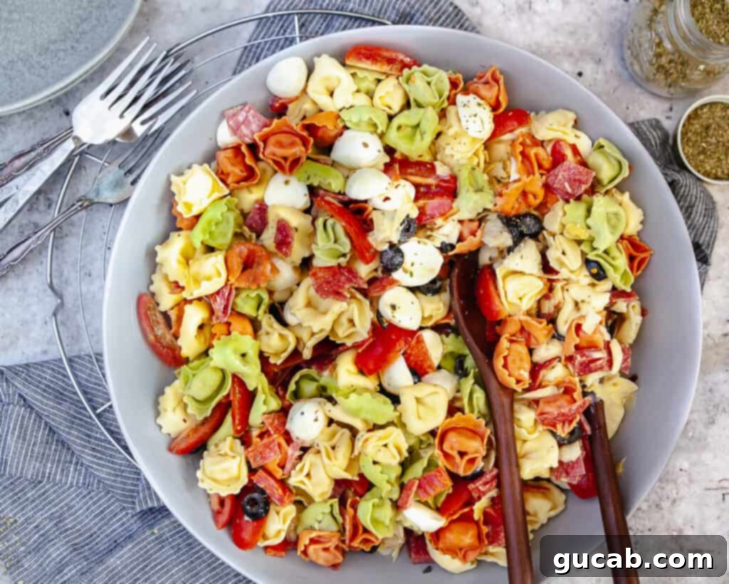 A large bowl of colorful tortellini antipasto salad, brimming with cheese-filled tortellini, cured meats, and marinated vegetables.