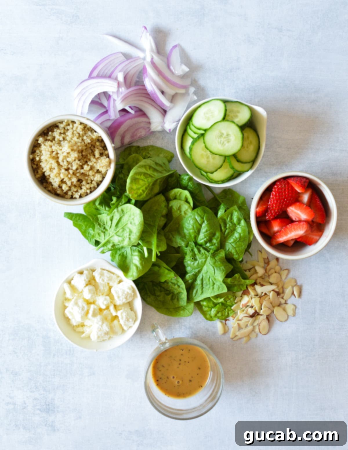 Vibrant Strawberry Cucumber Salad 3 A vibrant flat lay of all the fresh ingredients for the strawberry cucumber salad, including a generous pile of baby spinach, a whole red onion, thinly sliced cucumber, ripe quartered strawberries, a bowl of cooked quinoa, crumbled feta cheese, a bottle of balsamic dressing, and a small pile of crunchy sliced almonds.