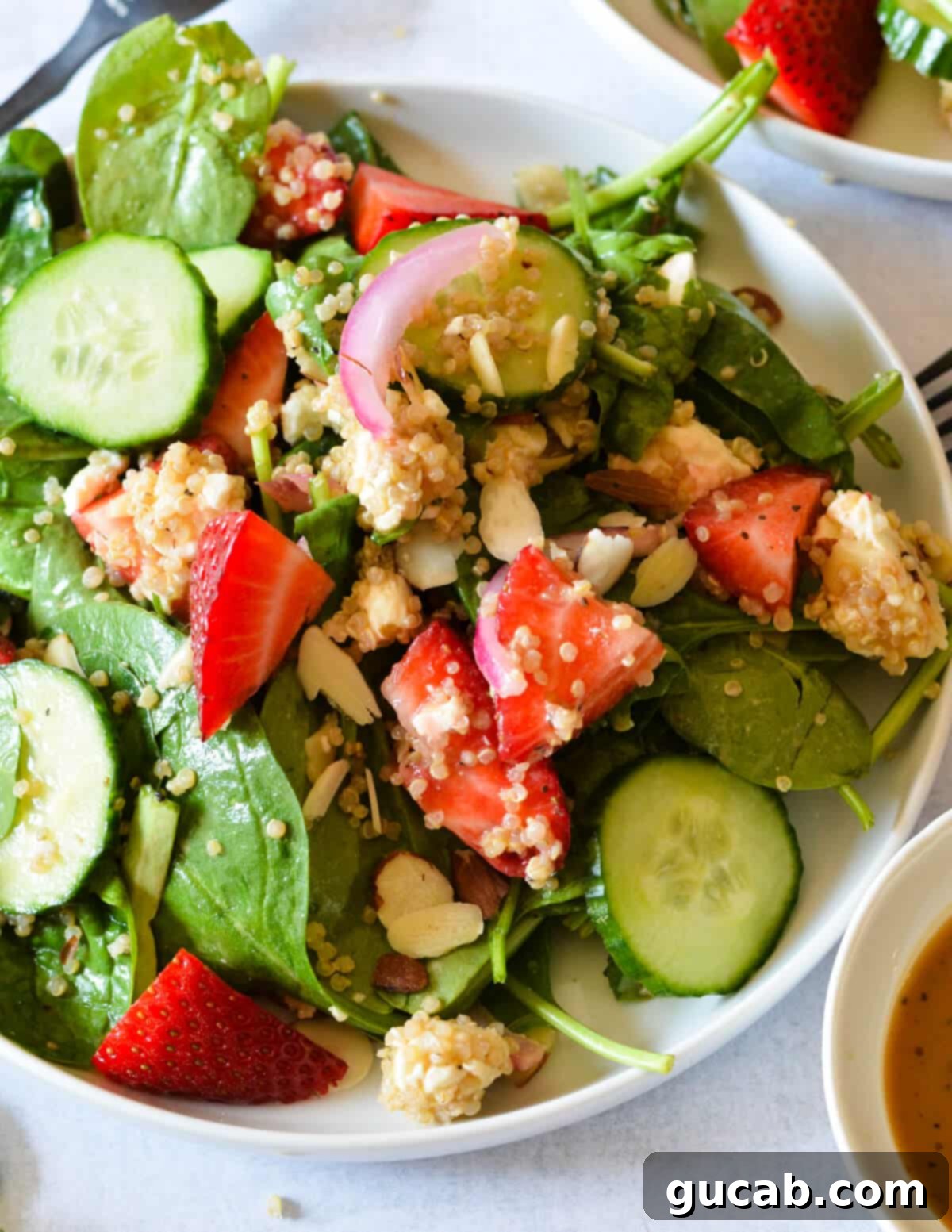 A close-up, mouth-watering view of the finished strawberry cucumber salad, showcasing vibrant spinach, plump strawberries, crisp cucumber, and wholesome quinoa tossed together.