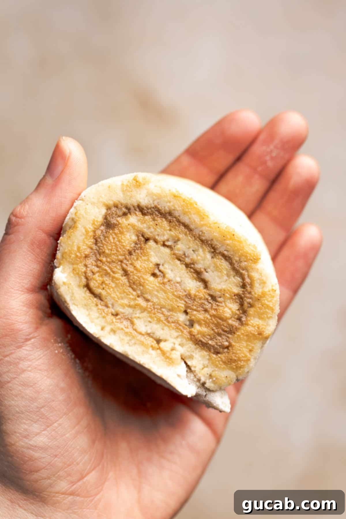 Irresistible Gluten-Free Cinnamon Rolls 18 A hand holding a single, unbaked gluten-free cinnamon roll, showing the perfect spiral of dough and filling before its final rise and bake.