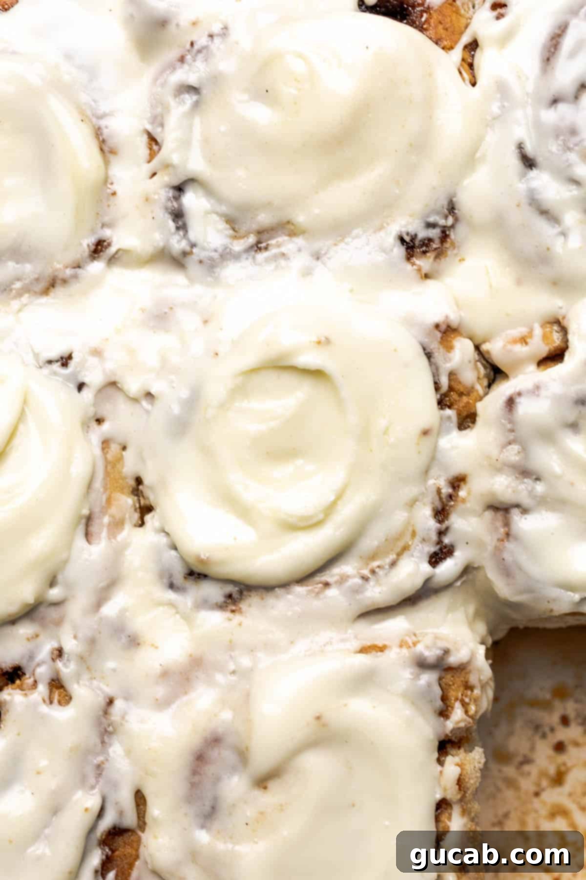 Irresistible Gluten-Free Cinnamon Rolls 24 A close-up view of multiple cream cheese iced gluten-free cinnamon rolls in a baking dish, showcasing their soft texture and abundant frosting.
