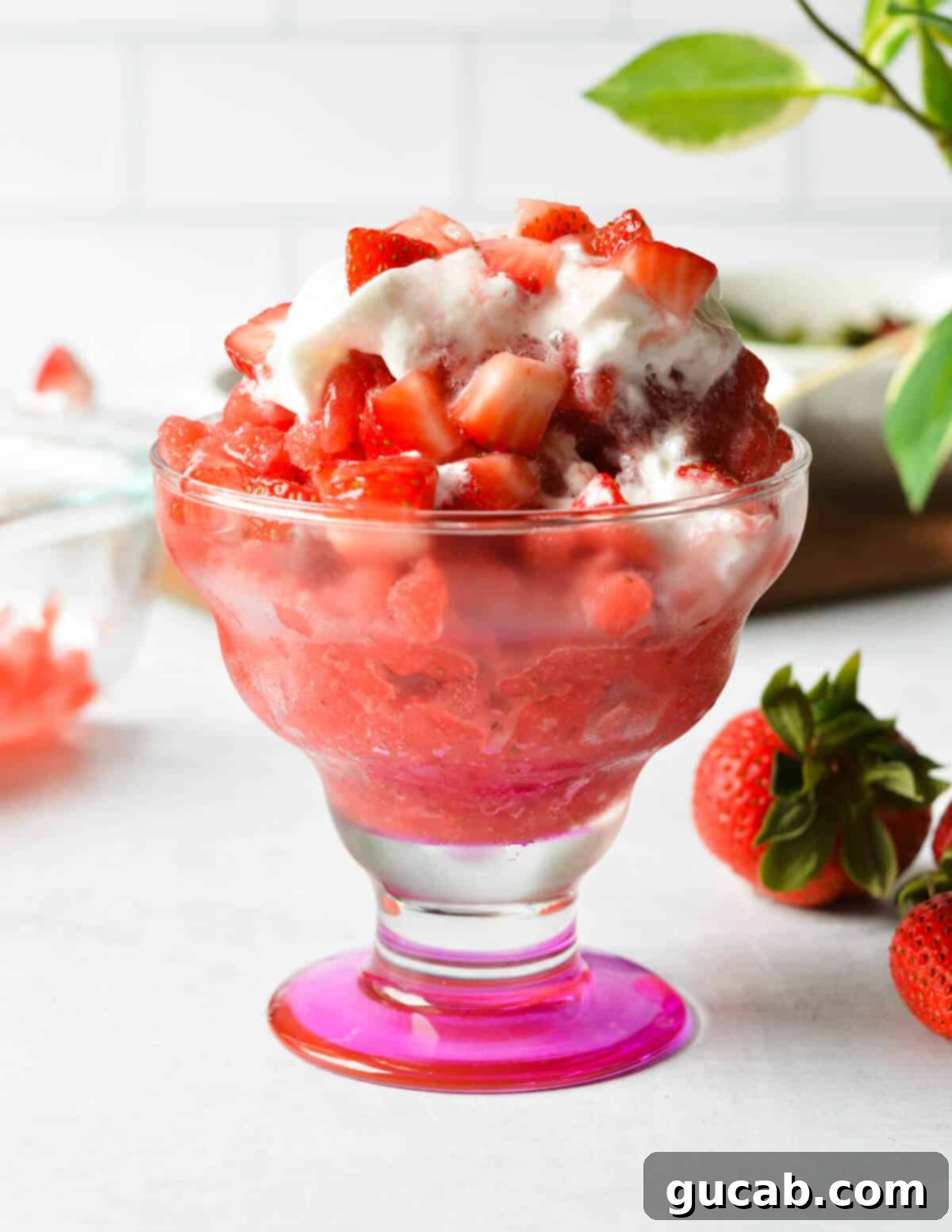 Strawberry Passion Zing 2 a glass cup with strawberry granita, diced strawberries, and whipped cream in it.