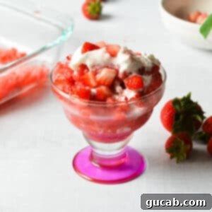 a cup with strawberry granita with whipped cream and strawberries on top.