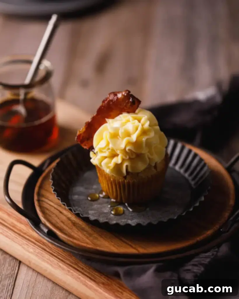 maple bacon cupcakes with maple bacon frosting. 