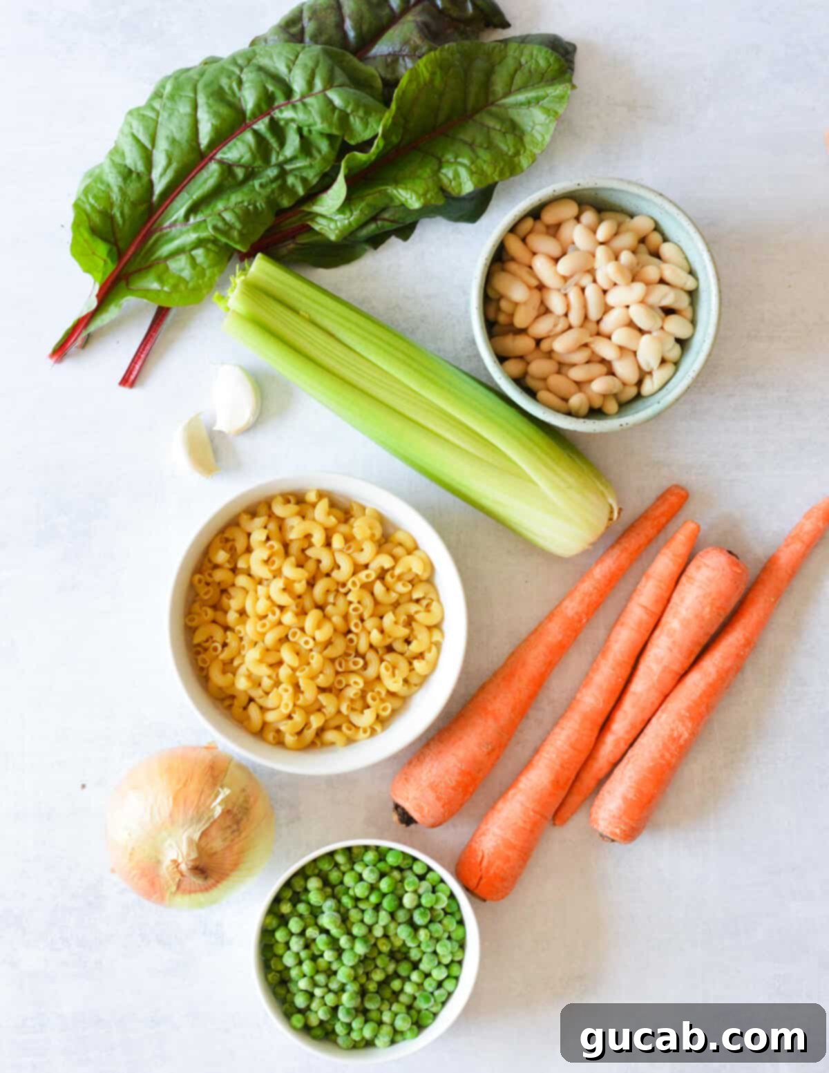 Vibrant Veggie Noodle Bowl 3 Arrangement of fresh and healthy key ingredients for vegetable noodle soup, including vibrant Swiss chard, wholesome white cannellini beans, crisp celery, aromatic garlic cloves, and sweet carrots.