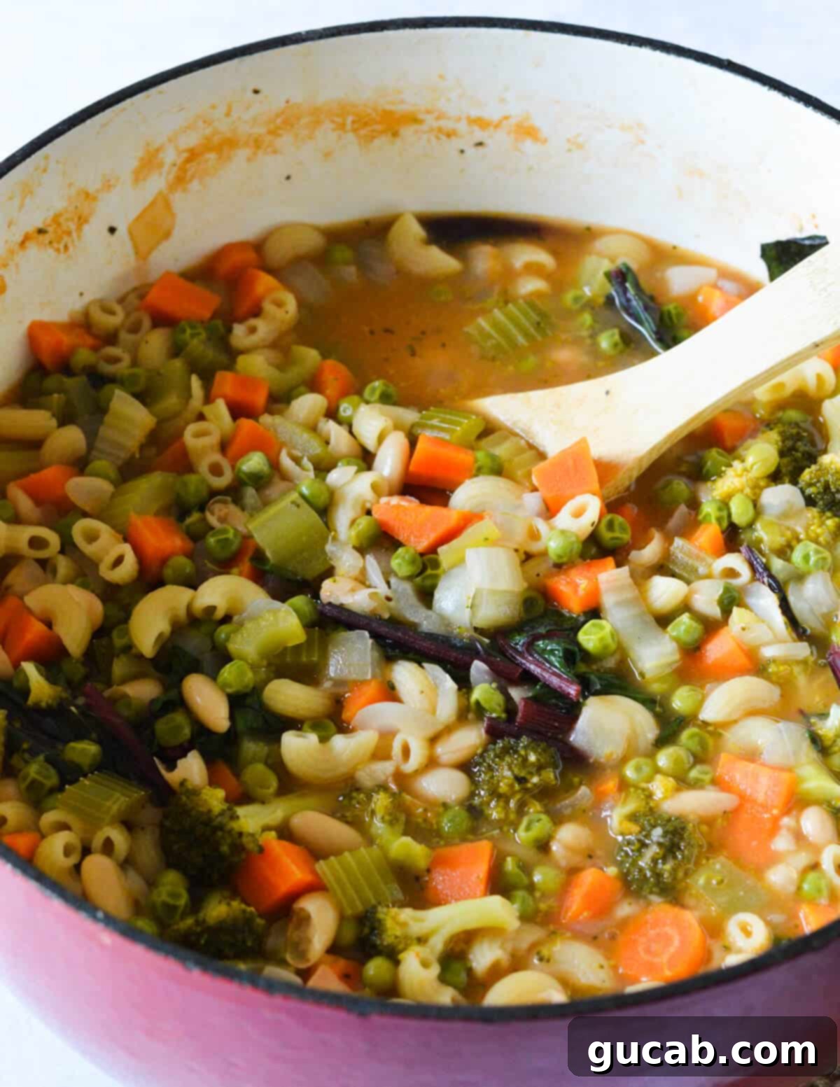 Vibrant Veggie Noodle Bowl 10 A wooden spoon rests in a pot of freshly made vegetable and noodle soup, highlighting its rich textures and inviting warmth, ready to be served.