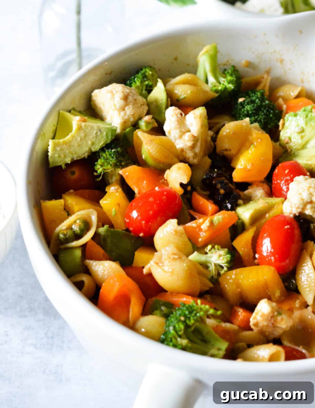 Dawn's Delightful Plant-Based Pasta Toss 6 A beautifully presented large bowl of vegetarian pasta salad, featuring a mix of shell pasta, colorful bell peppers, broccoli, cauliflower, dried cranberries, feta, and grape tomatoes, ready to be served.
