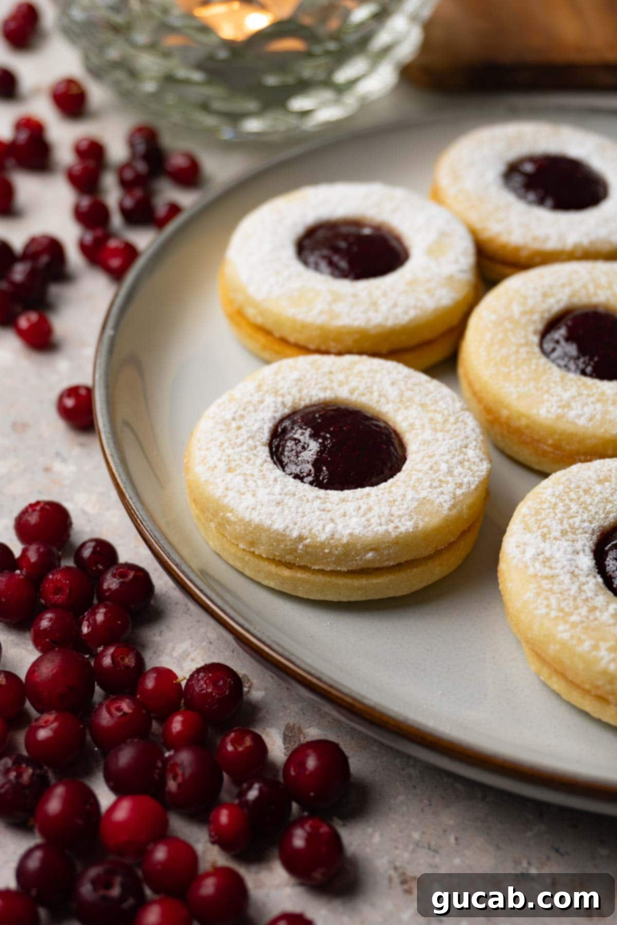 a plate of cranberry jam filled linzer cookies.