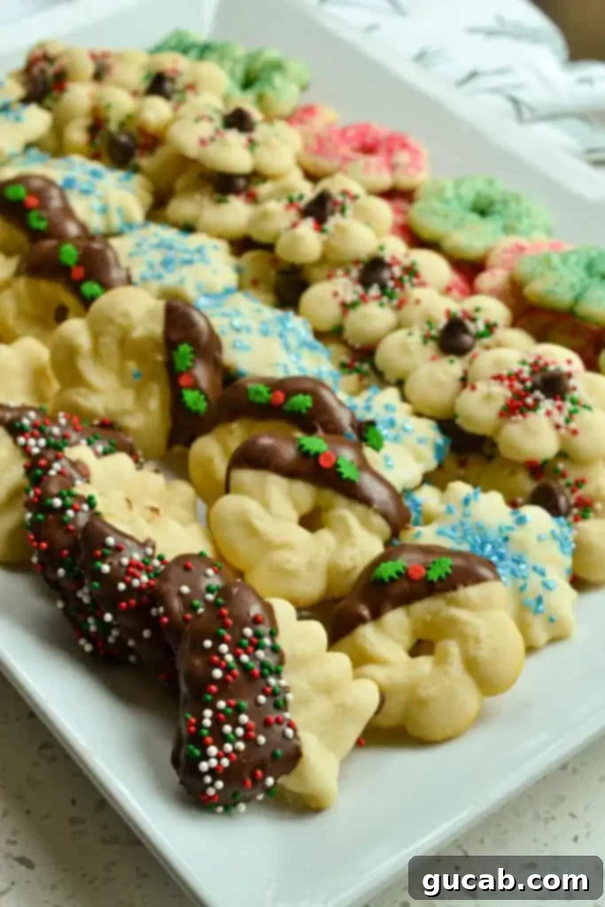 a platter with chocolate dipped spritz cookies. 