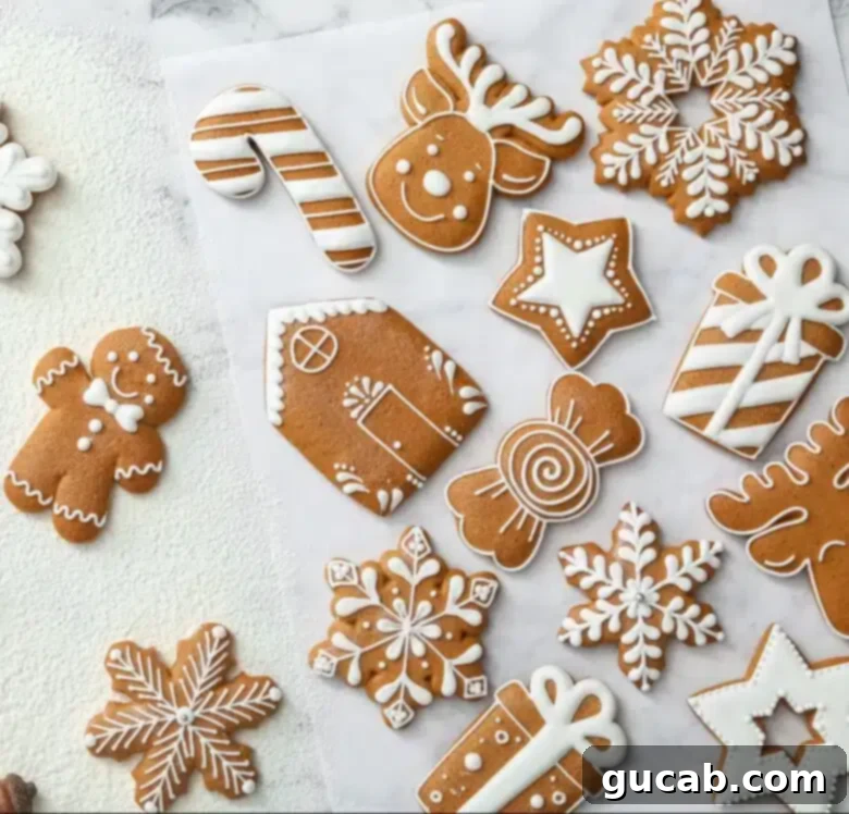 gingerbread cookies shaped like houses, men, snowflakes, and presents on a counter. 