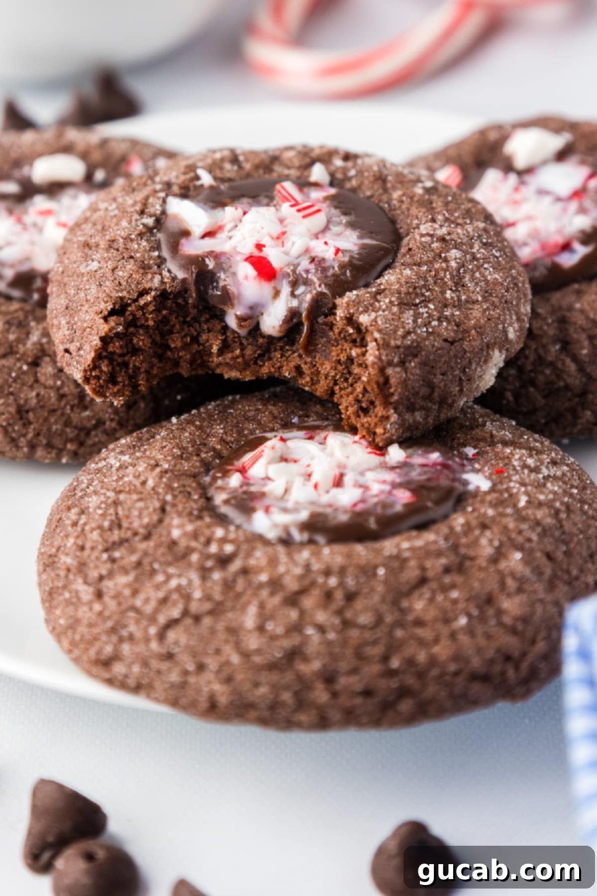 a bite out of a double chocolate cookie with ganache filling and peppermint candies. 