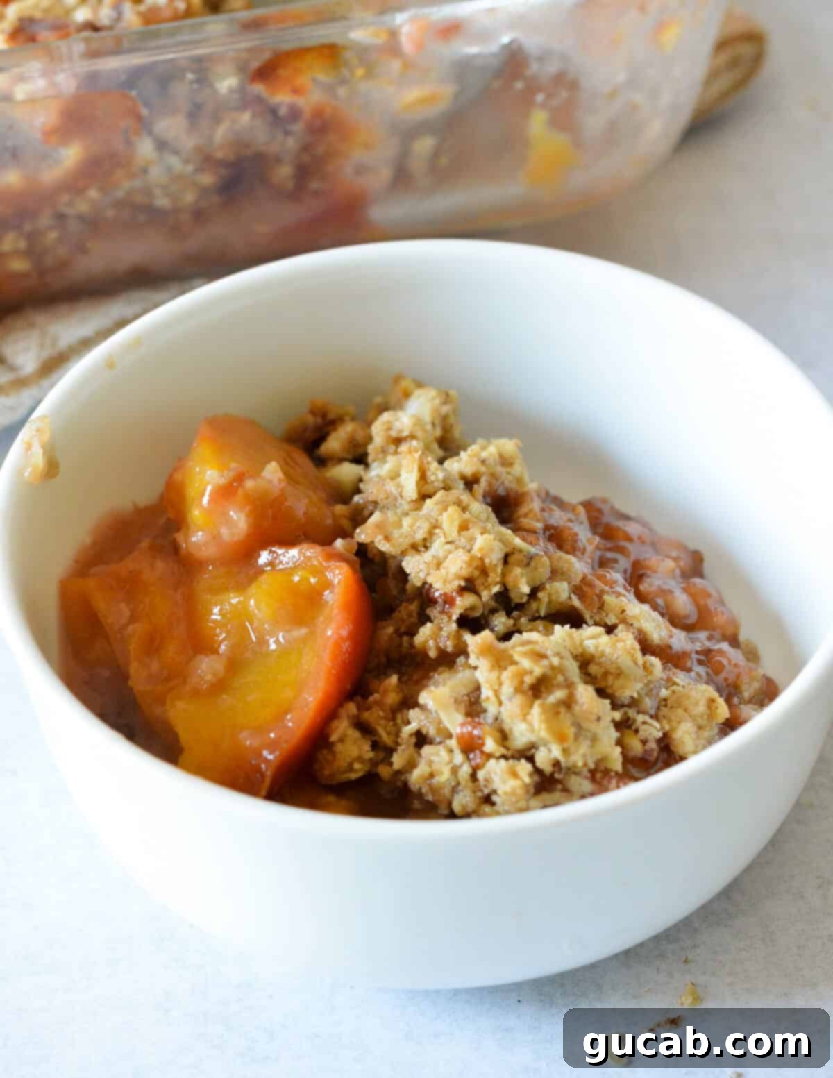 A serving of warm peach crisp in a white bowl, topped with a scoop of melting vanilla ice cream, ready to be enjoyed.