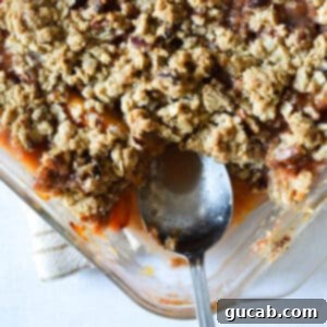 a spoon in a dish with peach crisp