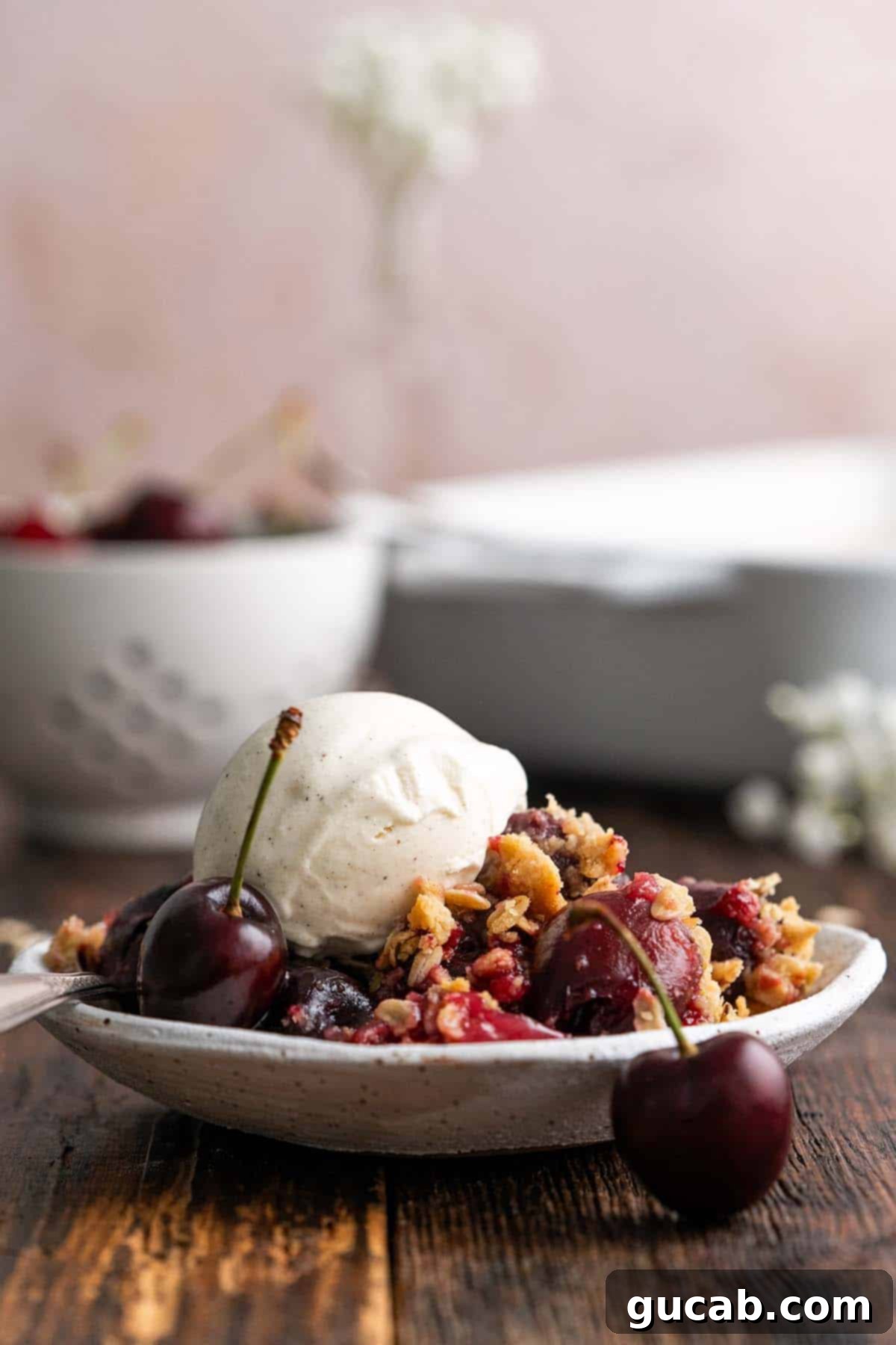 a plate of cherry crisp with vanilla ice cream on top.