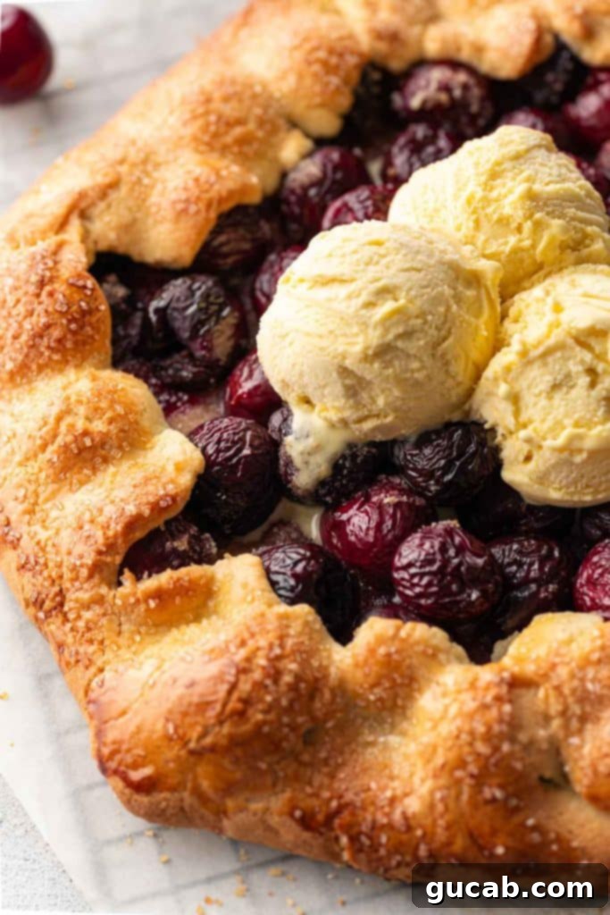 cherry galette with scoops of vanilla ice cream on top.