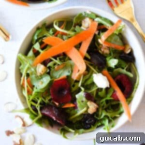 A beautifully presented cherry and arugula salad, topped with creamy goat cheese and vibrant shaved carrots, ready to be served.