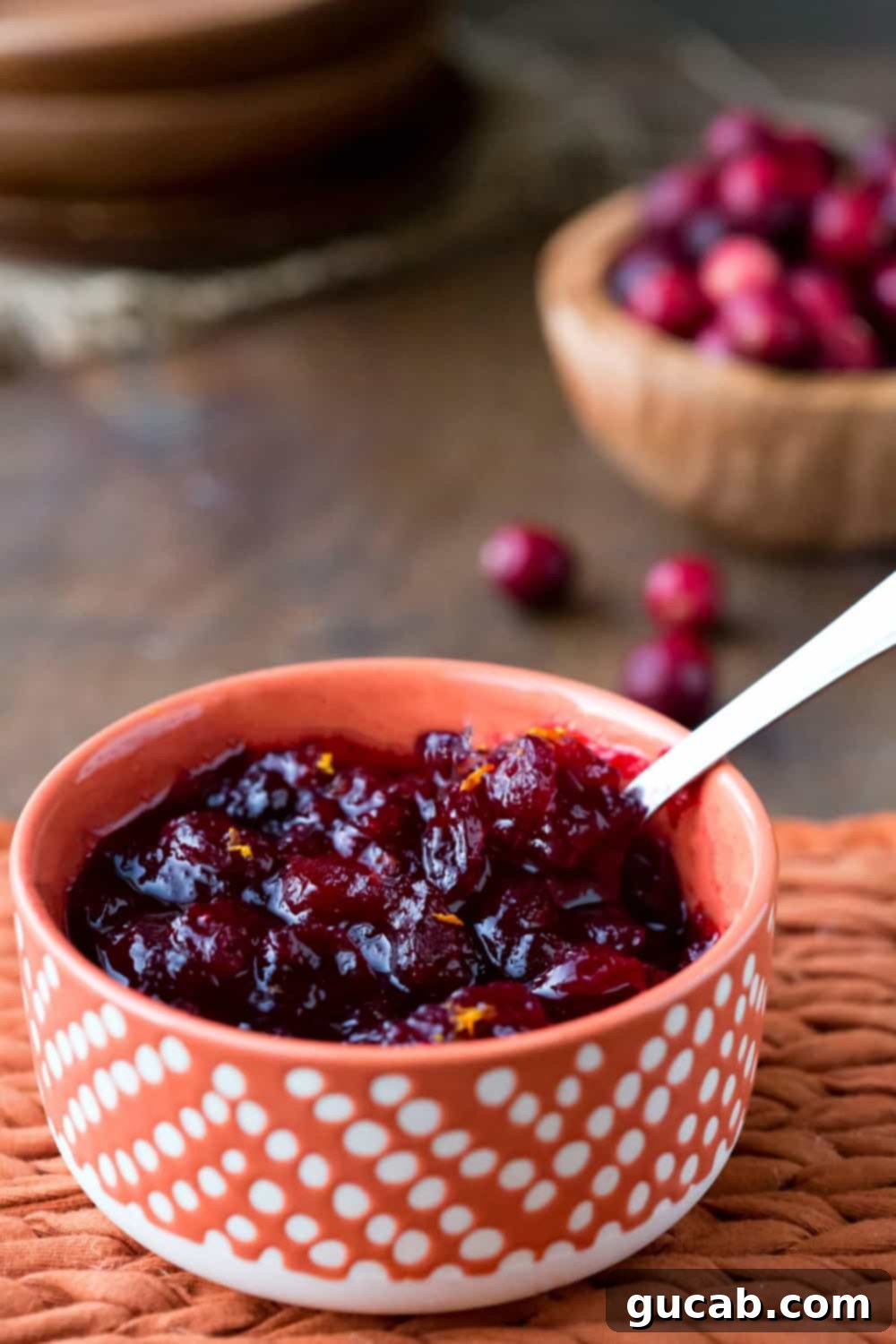 Deliciously Gluten-Free Thanksgiving: 19 Must-Try Recipes 12 A rustic bowl of vibrant homemade maple cranberry sauce, showcasing its rich red color and chunky texture, a sweet and tart accompaniment for Thanksgiving dinner.