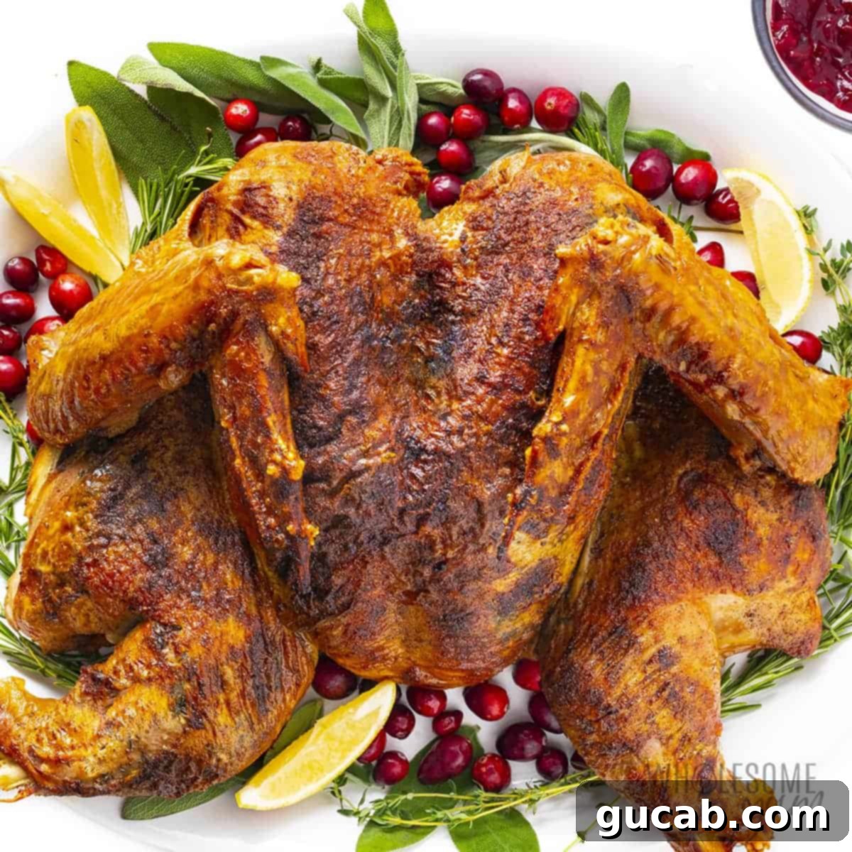 Deliciously Gluten-Free Thanksgiving: 19 Must-Try Recipes 16 A perfectly roasted spatchcock turkey, garnished with fresh cranberries, lemon slices, and fragrant herbs, cooked to golden perfection and ready for a quick Thanksgiving feast.