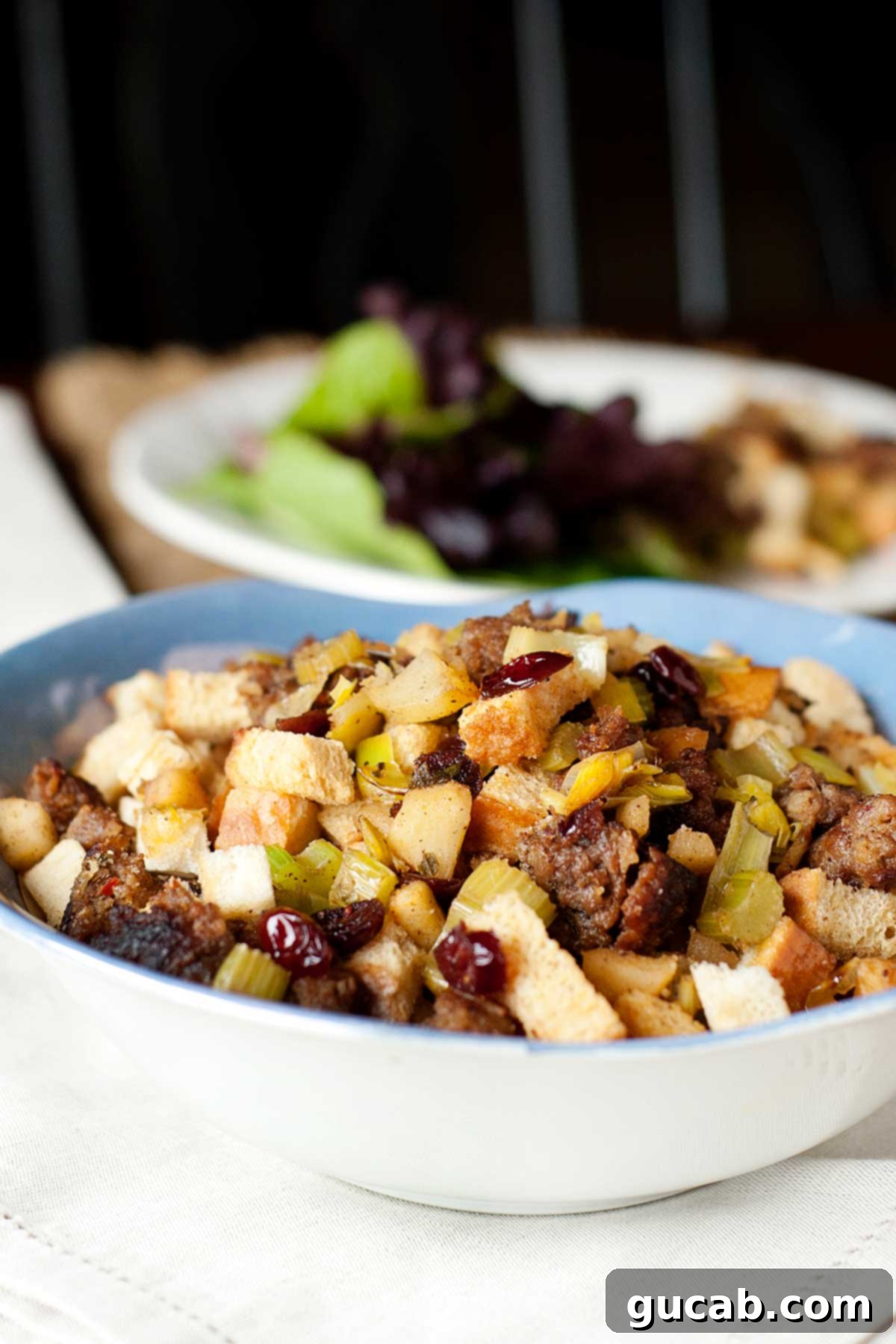 Deliciously Gluten-Free Thanksgiving: 19 Must-Try Recipes 5 A rustic bowl of savory gluten-free sausage and apple stuffing, studded with cranberries and fresh herbs, ready for serving at Thanksgiving.