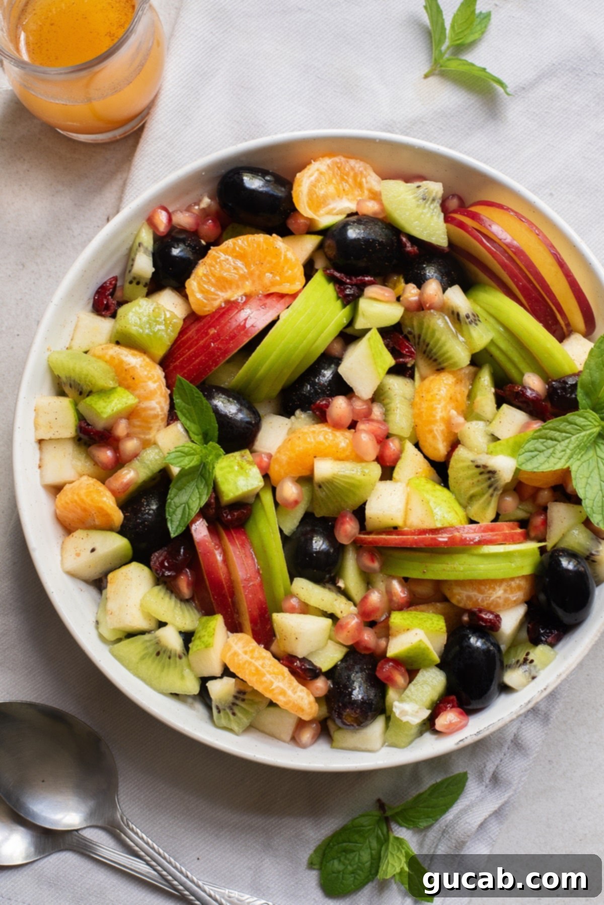 Deliciously Gluten-Free Thanksgiving: 19 Must-Try Recipes 7 A vibrant bowl of Thanksgiving fruit salad featuring sliced apples, pears, green grapes, kiwi, and juicy pomegranate seeds, offering a light contrast to rich holiday dishes.