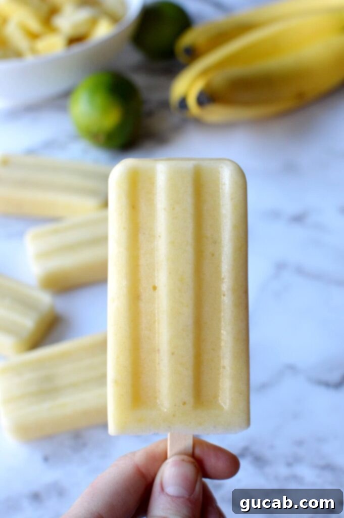 All Fruit Pineapple Popsicles 3 A close up of a pineapple popsicle