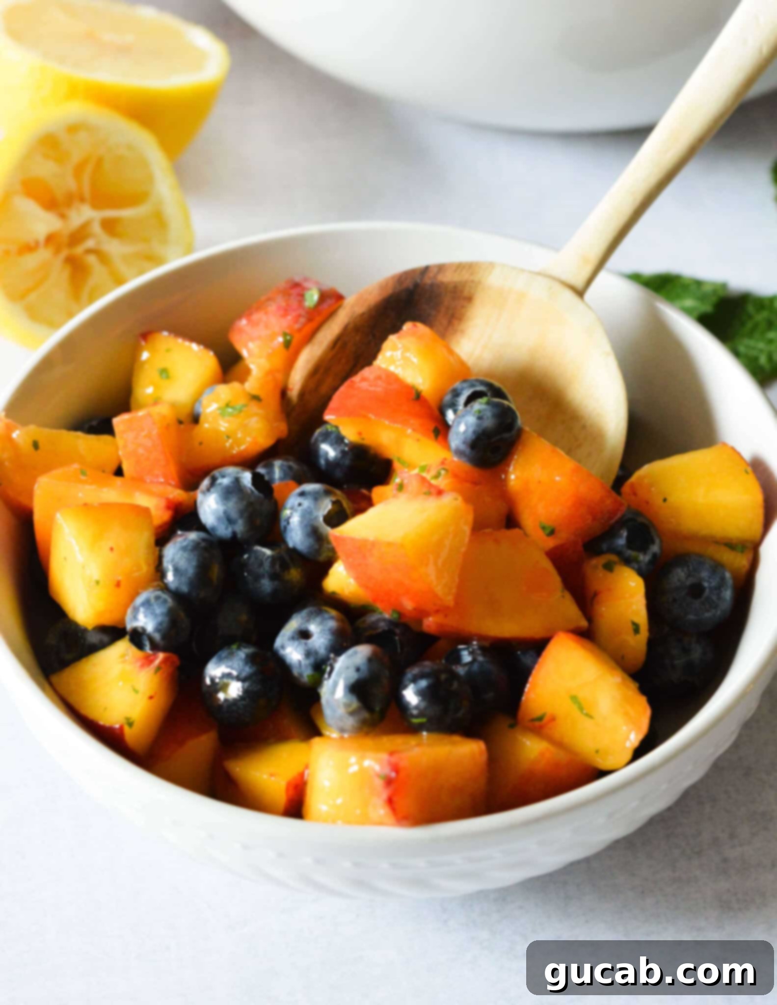 A beautifully presented bowl of vibrant peach blueberry fruit salad, ready to be served. 