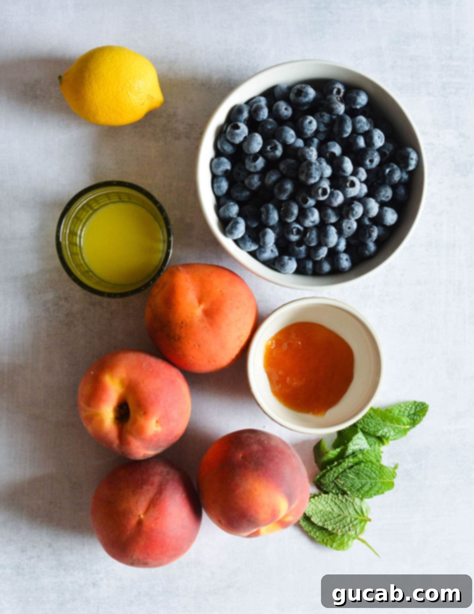 Individual ingredients laid out: lemon, fresh blueberries, orange juice, ripe peaches, peach jam, and fresh mint leaves. 