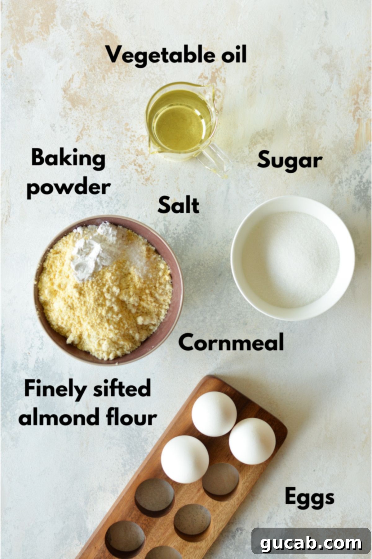 A flat lay image showing all the ingredients for almond flour cornbread neatly arranged.