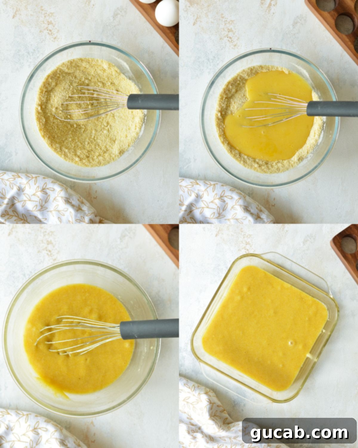 A close-up of the gluten-free cornbread batter being poured into a baking pan.