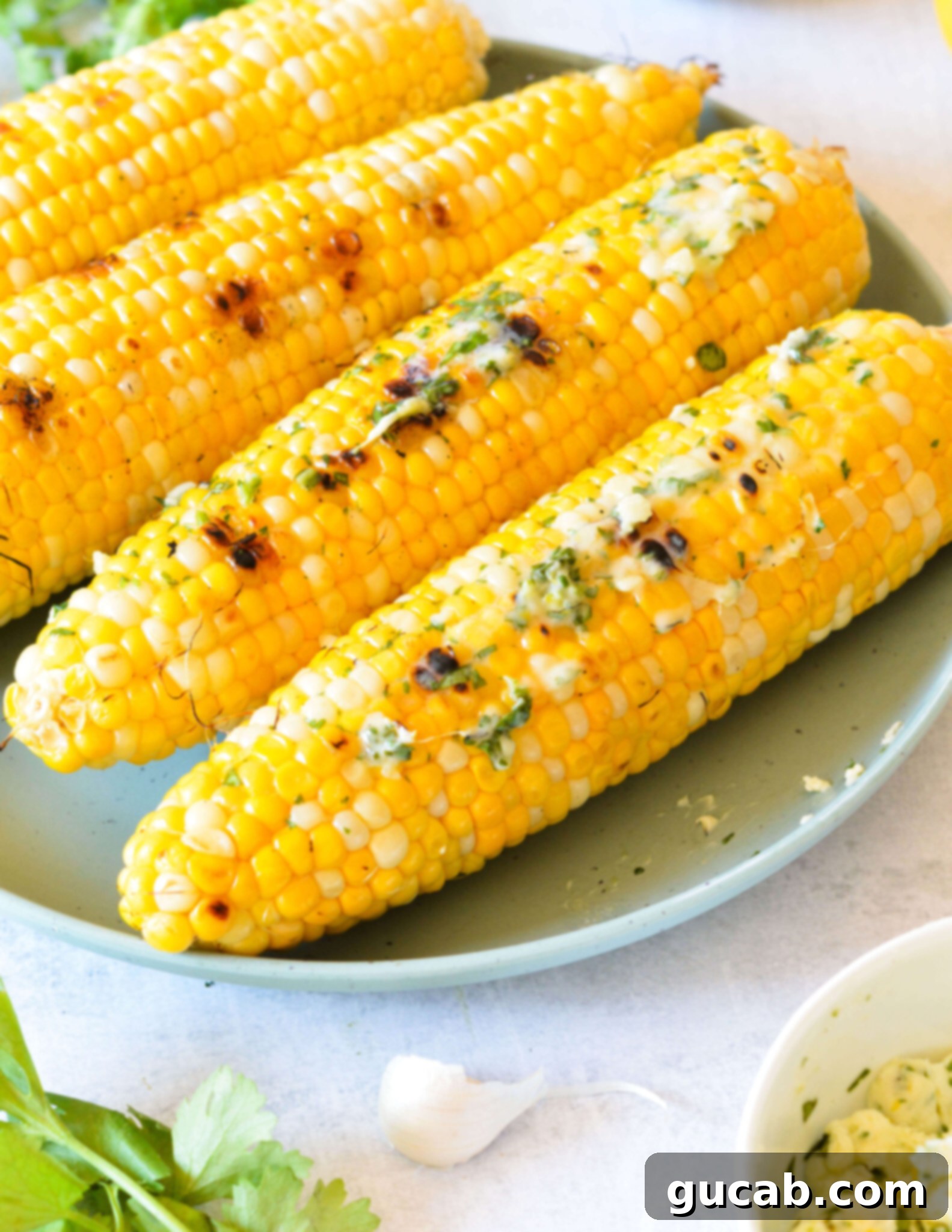 Two cobs of grilled corn, richly coated with vibrant lemon herb butter, resting on a white plate with a sprig of fresh herbs.