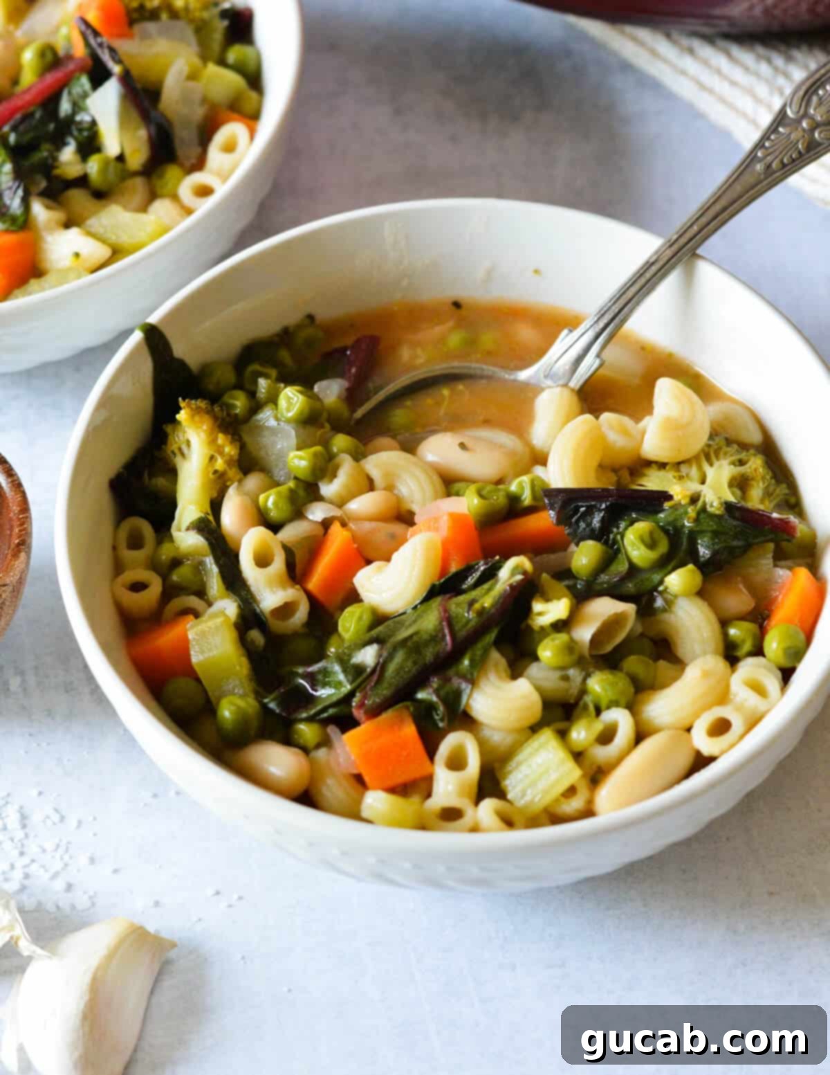 A steaming bowl of vegetable and noodle soup, garnished with fresh herbs, ready to be enjoyed on a cold day.