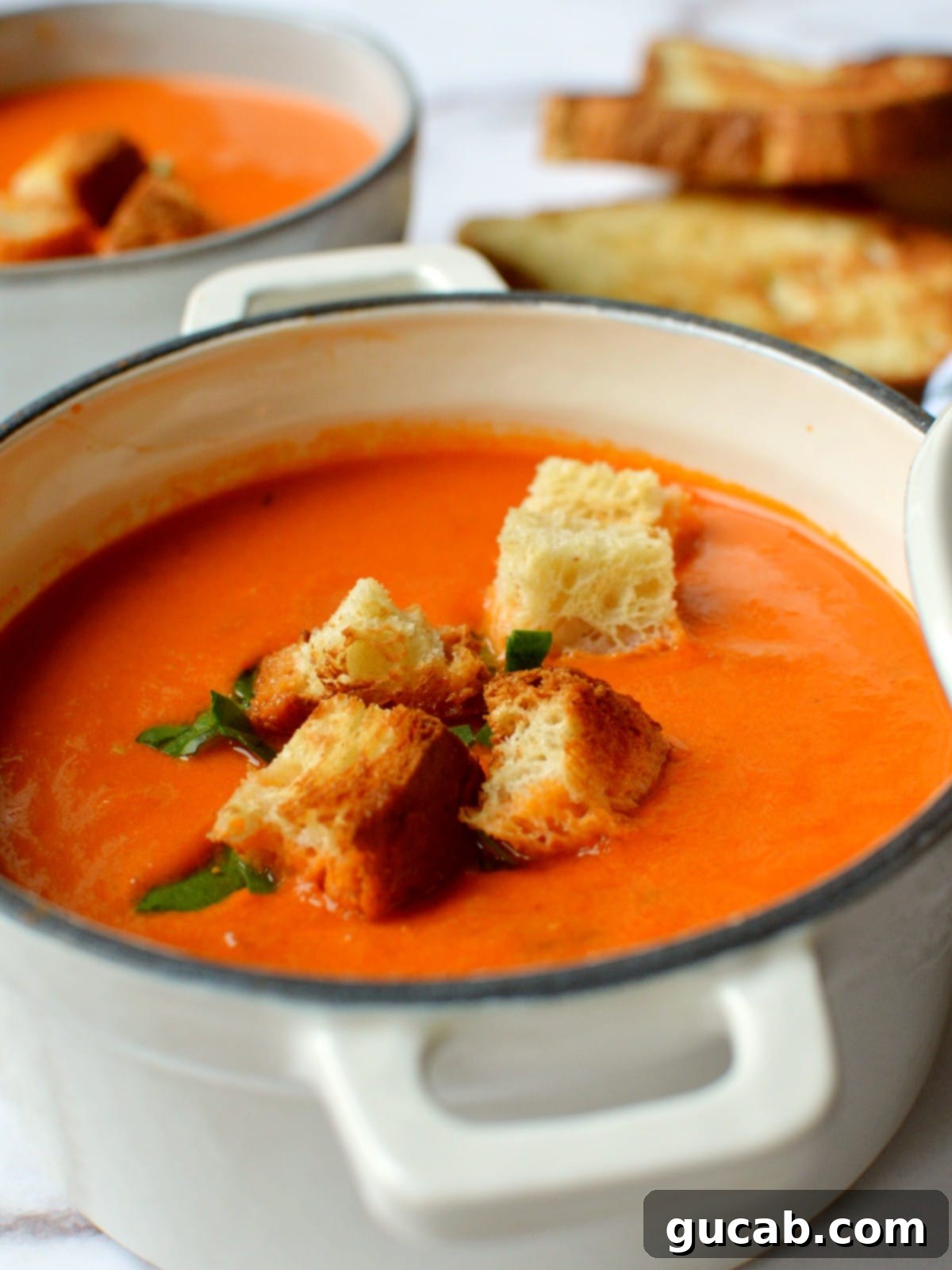 A rich bowl of creamy tomato soup, topped with crunchy croutons and a drizzle of olive oil.