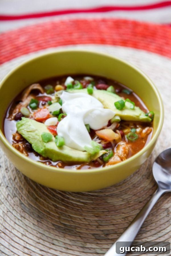 A colorful bowl of instant pot chicken taco soup, adorned with sour cream, sliced avocado, and tortilla strips.