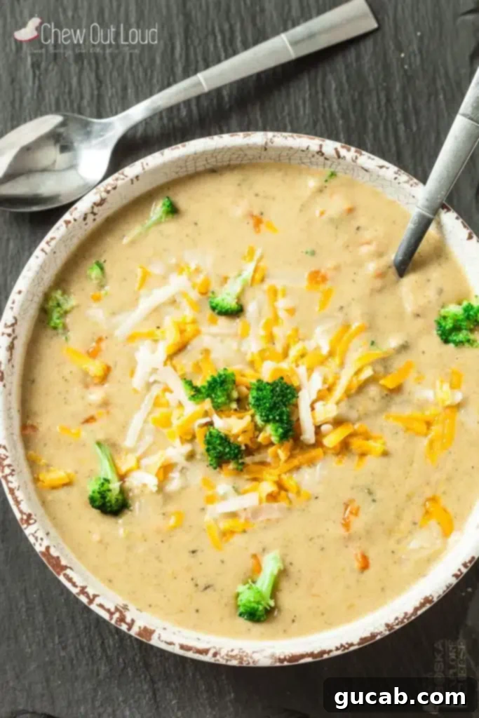 A creamy bowl of broccoli cheese soup, garnished with fresh broccoli florets and a sprinkle of shredded cheese.