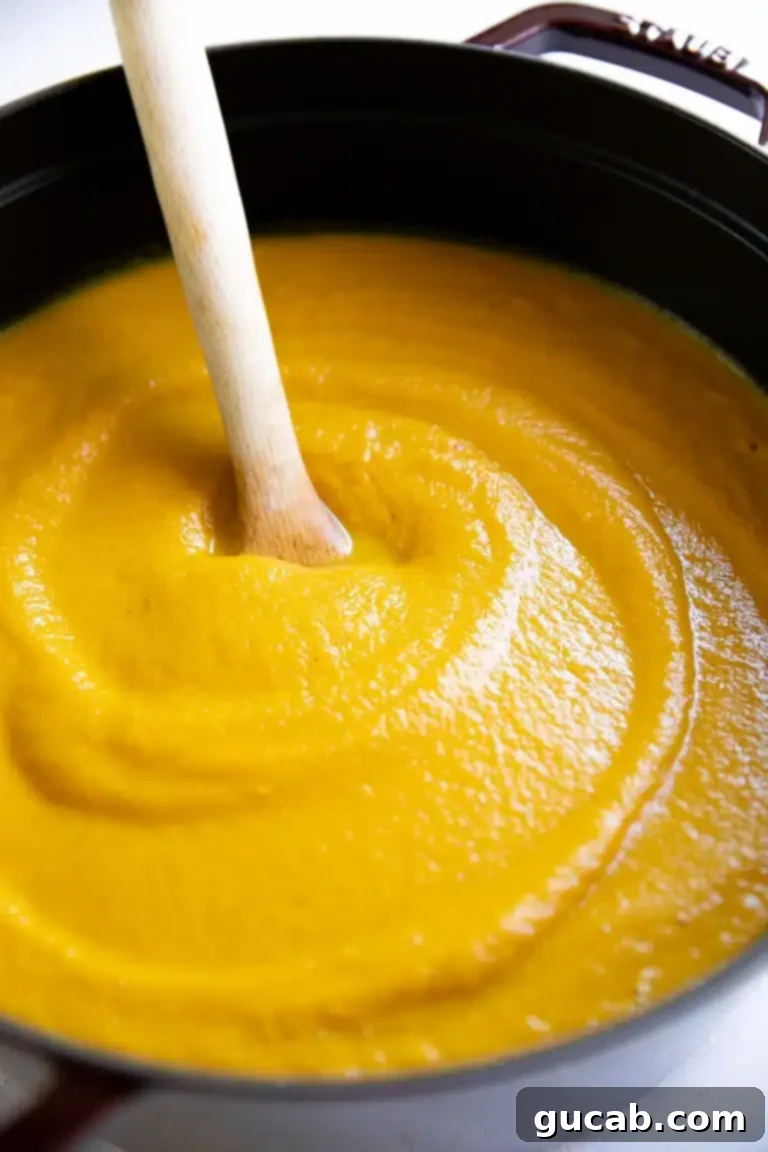 A rustic pot of creamy acorn squash soup, ready to be served.