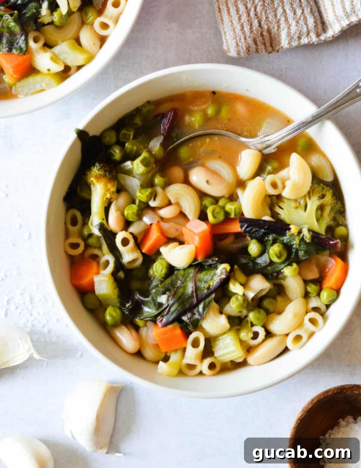 A vibrant bowl of vegetable noodle soup, brimming with colorful vegetables and tender noodles.
