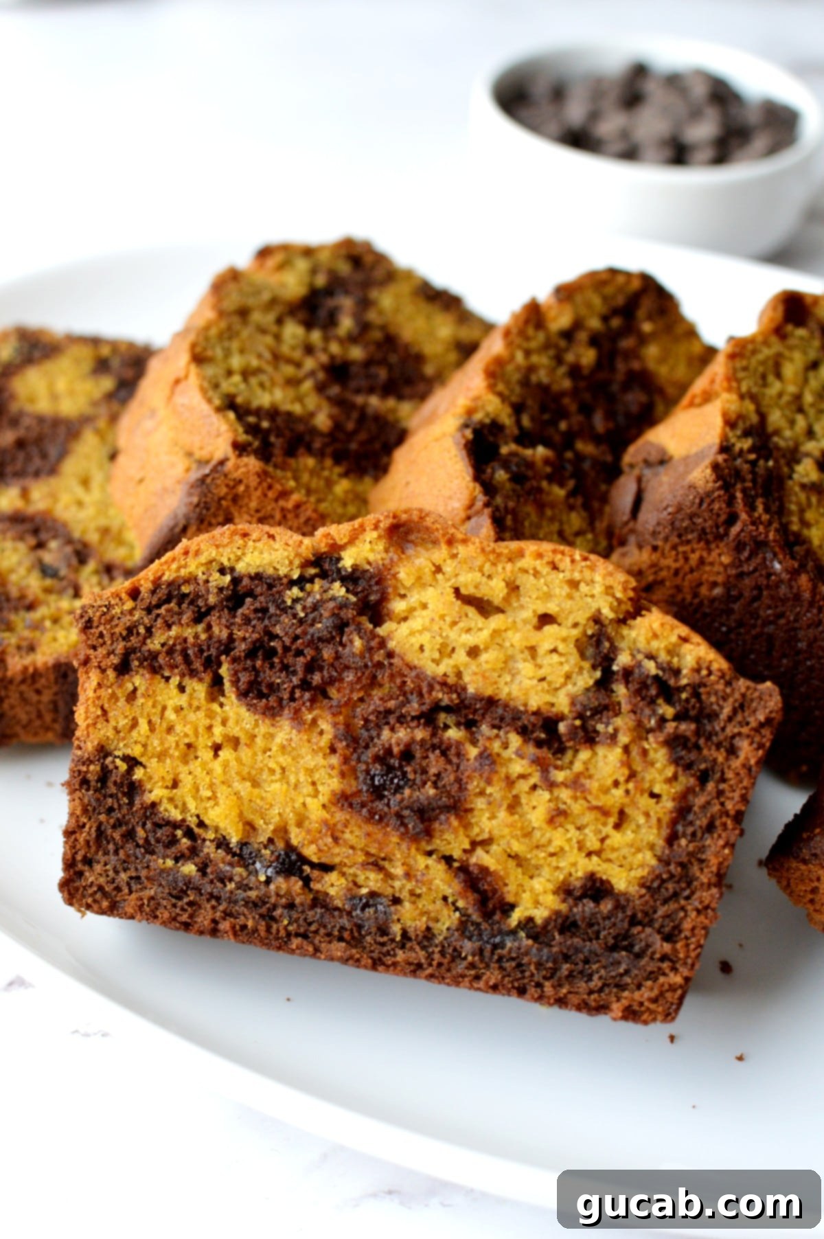 Close-up of a perfectly sliced piece of marble pumpkin bread, showing the beautiful chocolate swirl and moist texture.
