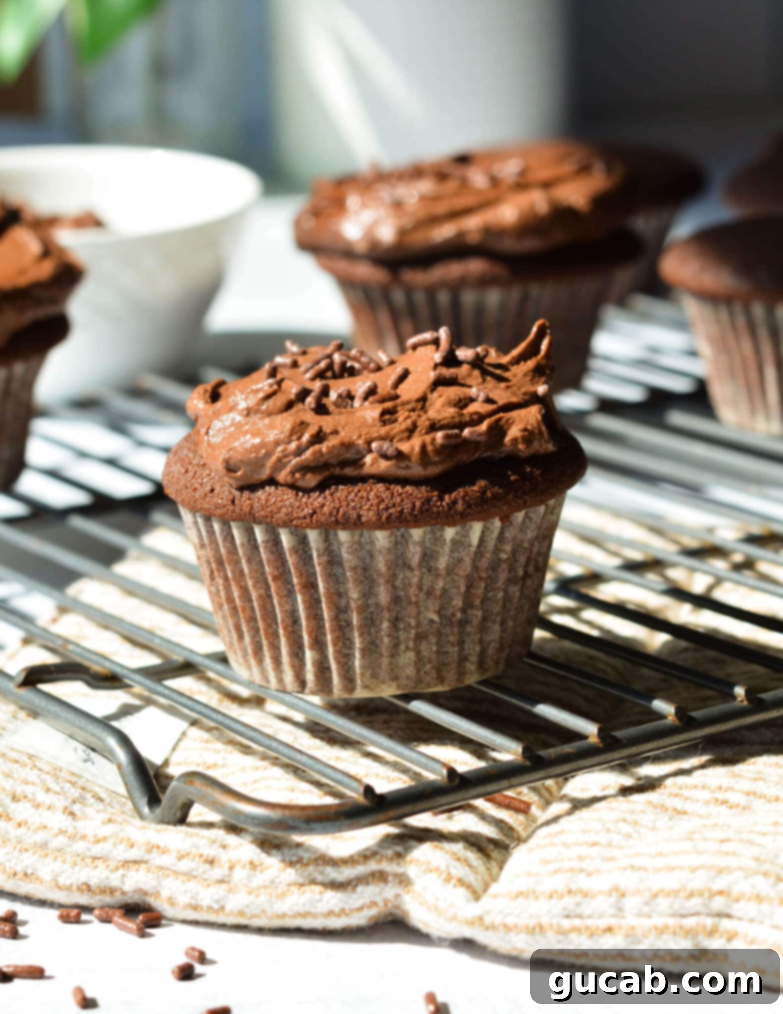 gluten free chocolate cupcake on a wire rack.