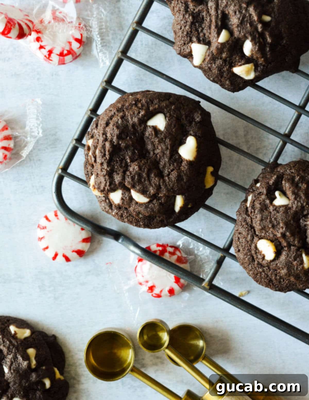 Fudgy chocolate peppermint cookies cooling on a wire rack, ready to be enjoyed during the holidays.