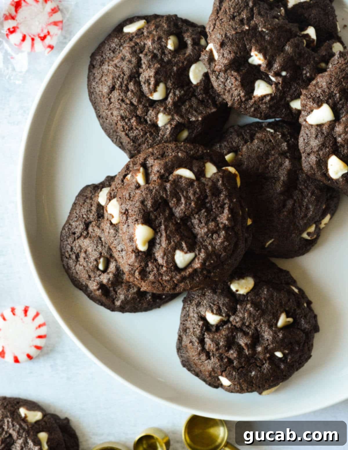 A plate stacked high with freshly baked, fudgy chocolate peppermint cookies, dusted lightly with powdered sugar.