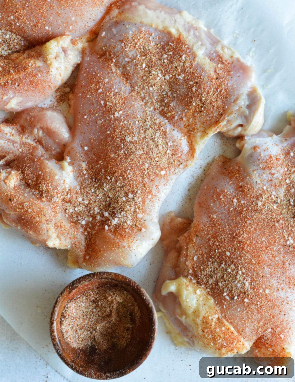 Raw chicken thighs coated evenly in a blend of savory spices, ready for searing.